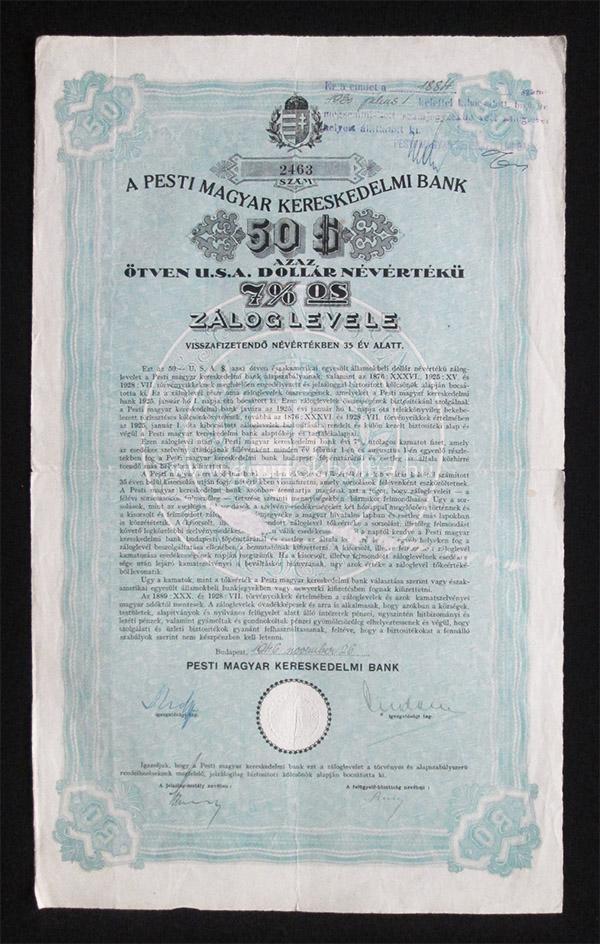 Pesti Magyar Kereskedelmi Bank z�loglev�l 50 doll�r 1946